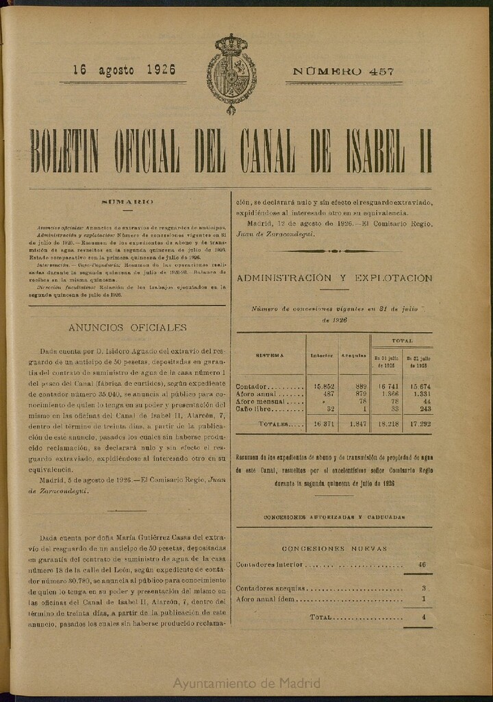 Miniatura de Boletín Oficial del Canal de Isabel II del 16 de agosto de 1926, nº 457