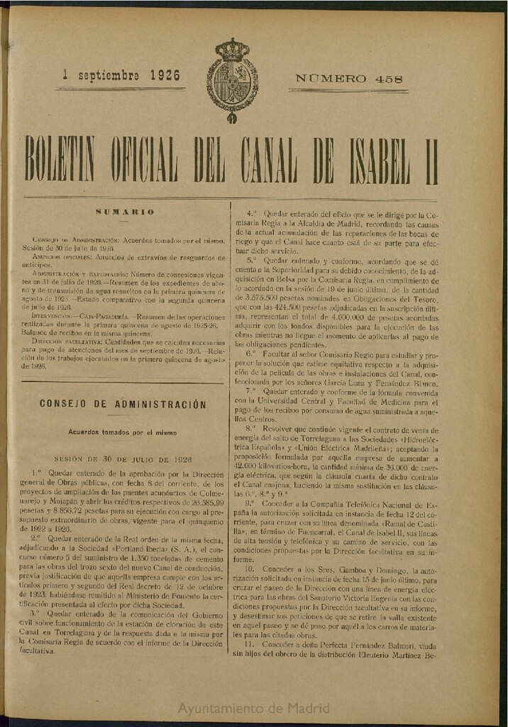 Miniatura de Boletín Oficial del Canal de Isabel II del 1 de septiembre de 1926, nº 458