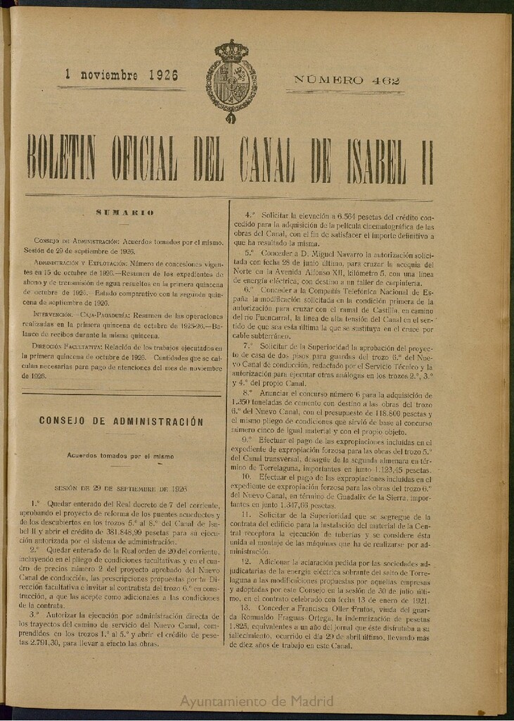 Miniatura de Boletín Oficial del Canal de Isabel II del 1 de noviembre de 1926, nº 462