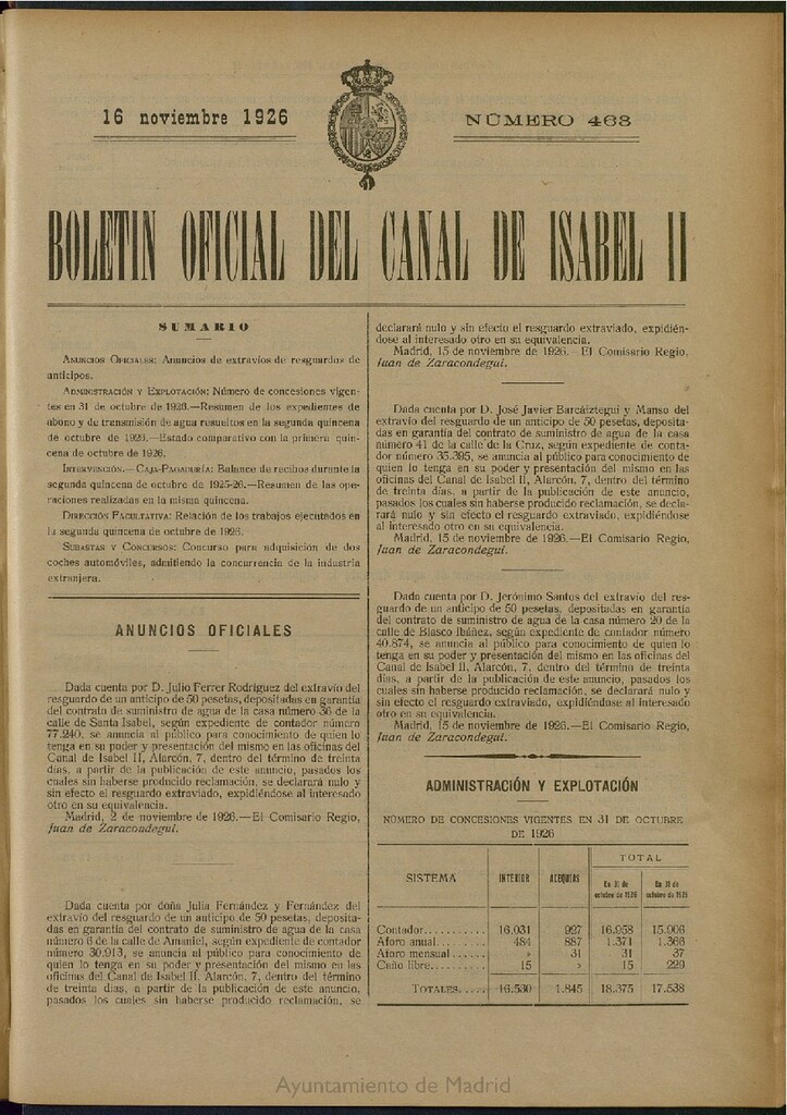 Miniatura de Boletín Oficial del Canal de Isabel II del 16 de noviembre de 1926, nº 463