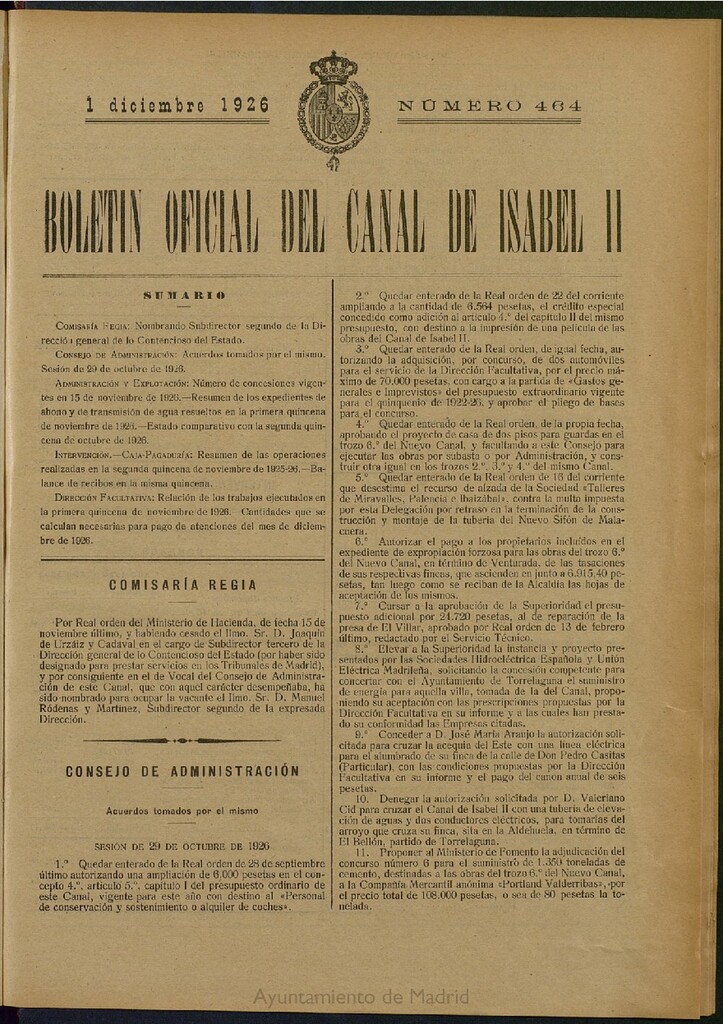 Miniatura de Boletín Oficial del Canal de Isabel II del 1 de diciembre de 1926, nº 464