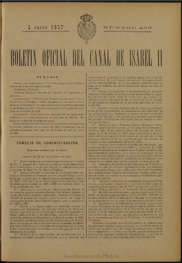 Miniatura de Boletín Oficial del Canal de Isabel II del 1 de enero de 2927, nº 466