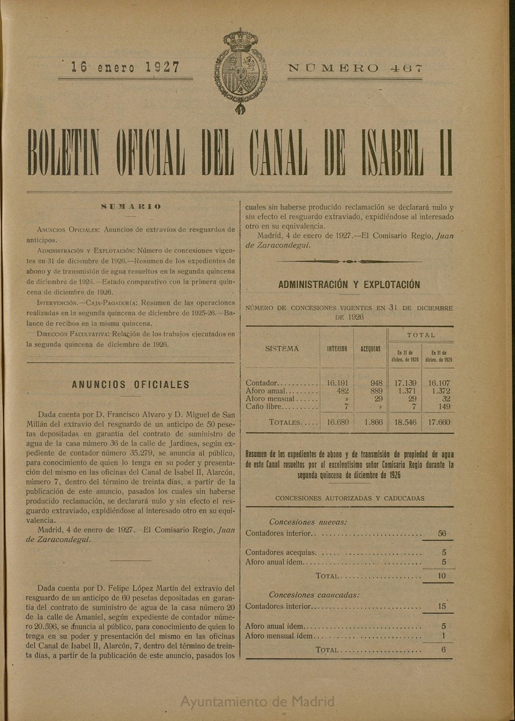Miniatura de Boletín Oficial del Canal de Isabel II del 16 de enero de 1927, nº 467