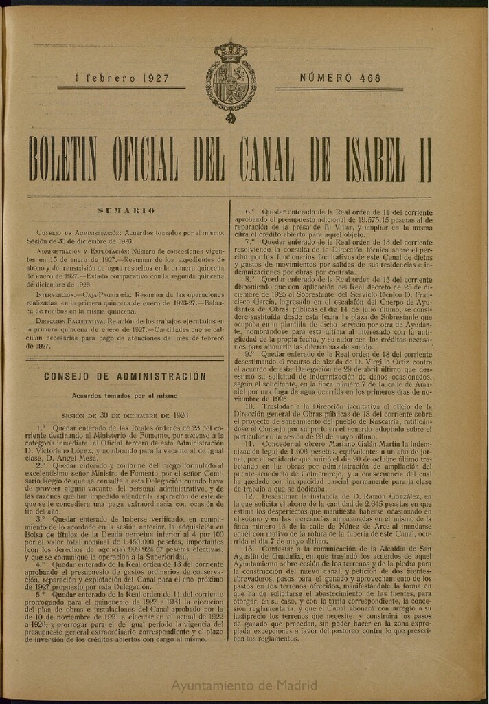 Miniatura de Boletín Oficial del Canal de Isabel II del 1 de febrero de 1927, nº 468