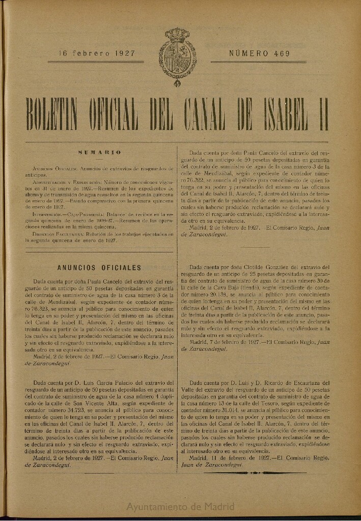 Miniatura de Boletín Oficial del Canal de Isabel II del 16 de febrero de 1927, nº 469