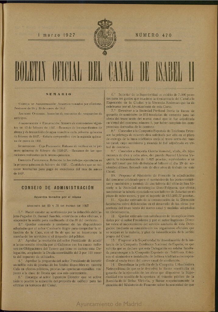 Miniatura de Boletín Oficial del Canal de Isabel II del 1 de marzo de 1927, nº 470