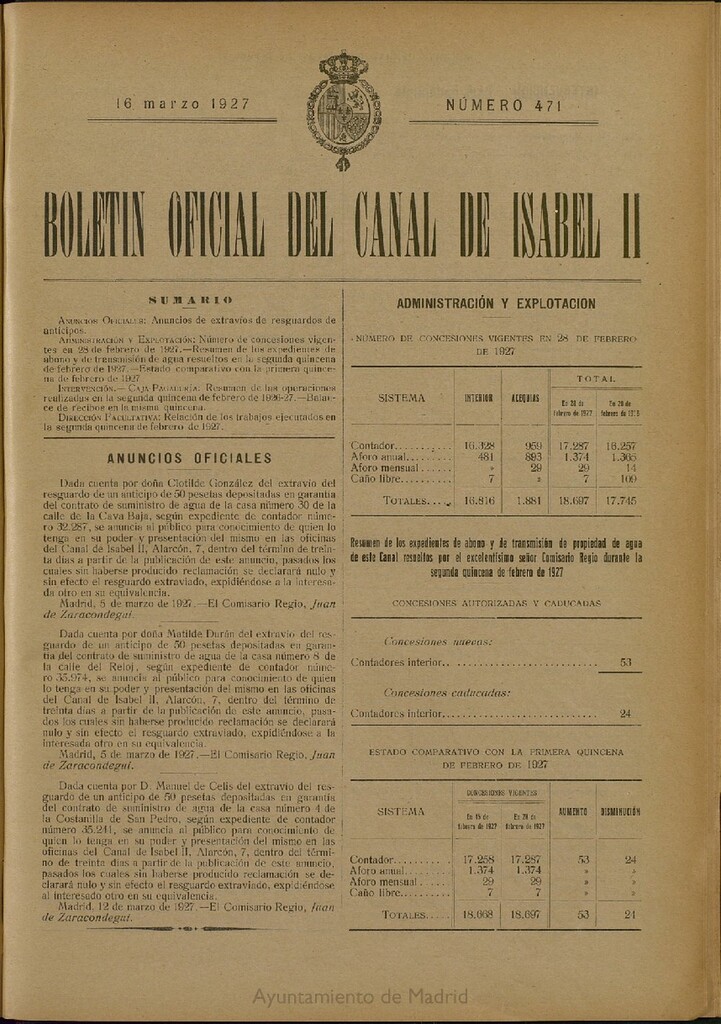 Miniatura de Boletín Oficial del Canal de Isabel II del 16 de marzo de 1927, nº 471