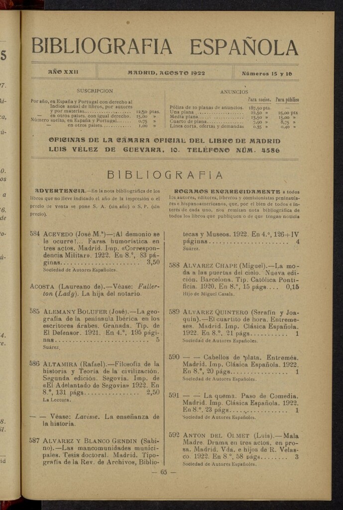 Miniatura de Bibliografía Española de agosto de 1922