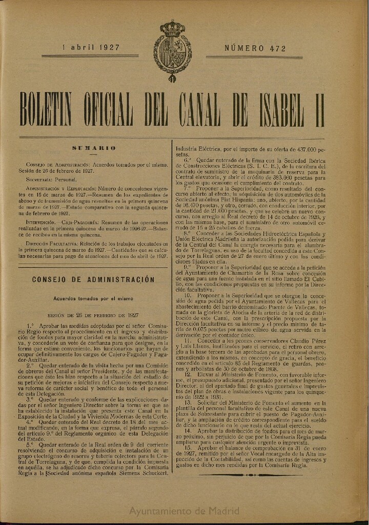 Miniatura de Boletín Oficial del Canal de Isabel II del 1 de abril de 1927, nº 472