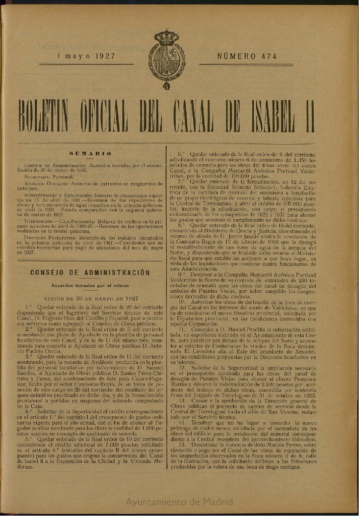 Miniatura de Boletín Oficial del Canal de Isabel II del 1 de mayo de 1927, nº 474