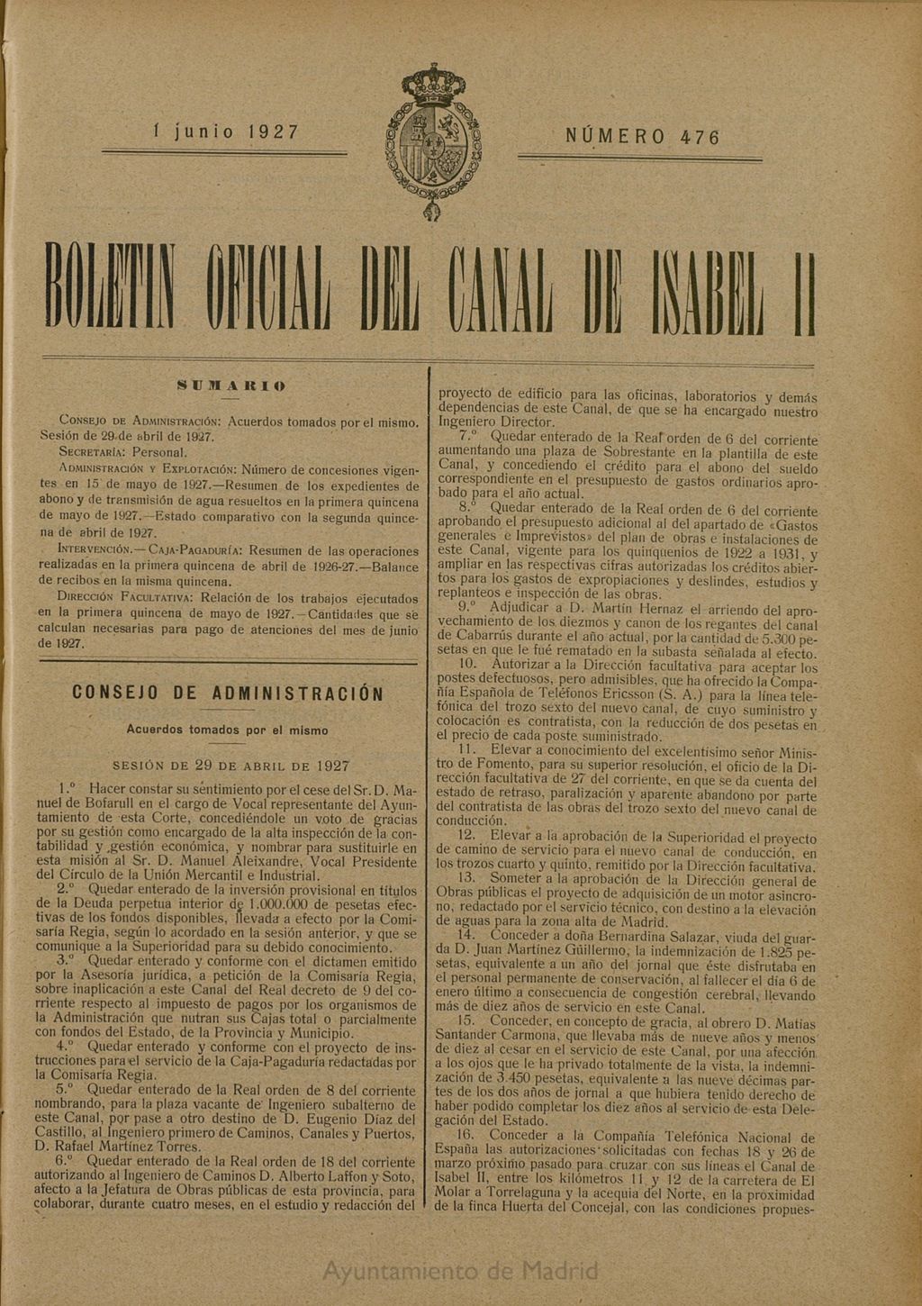 Miniatura de Boletín Oficial del Canal de Isabel II del 1 de junio de 1927, nº 476