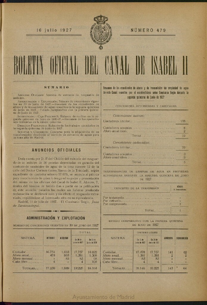 Miniatura de Boletín Oficial del Canal de Isabel II del 16 de julio de 1927, nº 479