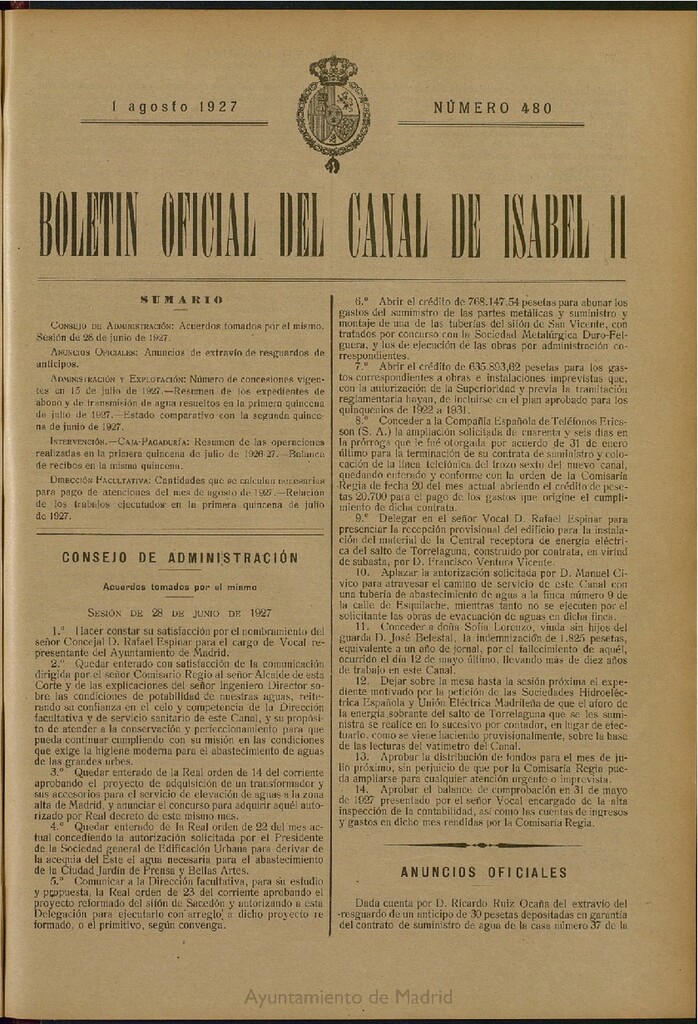 Miniatura de Boletín Oficial del Canal de Isabel II del 1 de agosto de 1927, nº 480