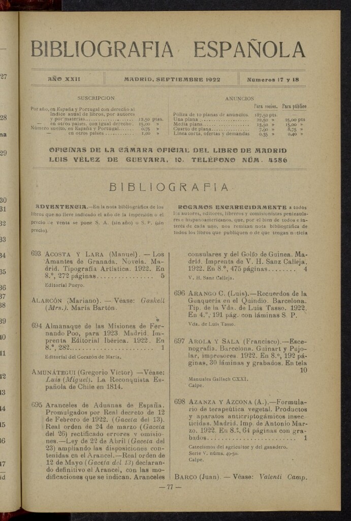 Miniatura de Bibliografía Española de septiembre de 1922