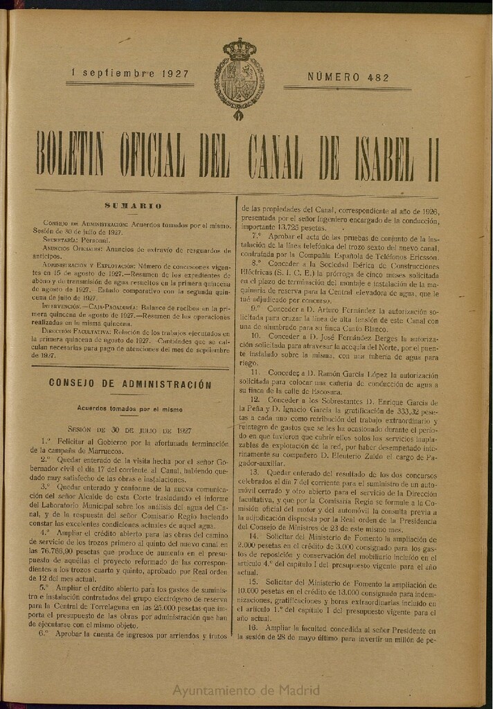 Miniatura de Boletín Oficial del Canal de Isabel II del 1 de septiembre de 1927, nº 482