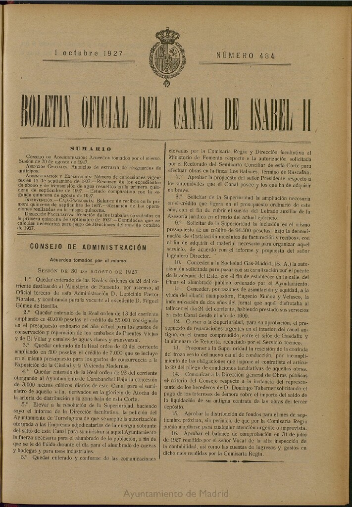 Miniatura de Boletín Oficial del Canal de Isabel II del 1 de octubre de 1927, nº 484