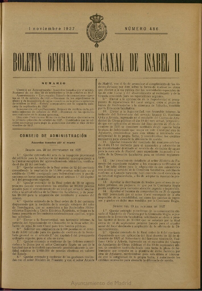 Miniatura de Boletín Oficial del Canal de Isabel II del 1 de noviembre de 1927, nº 486