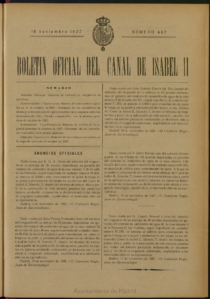 Miniatura de Boletín Oficial del Canal de Isabel II del 16 de noviembre de 1927, nº 487