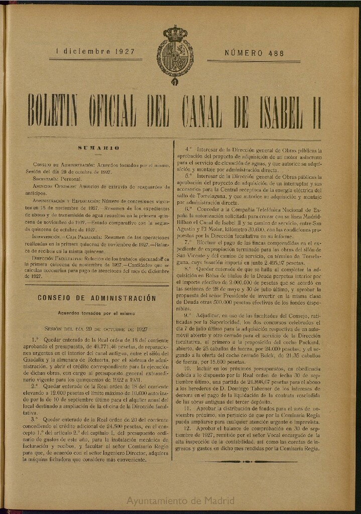 Miniatura de Boletín Oficial del Canal de Isabel II del 1 de diciembre de 1927, nº 488