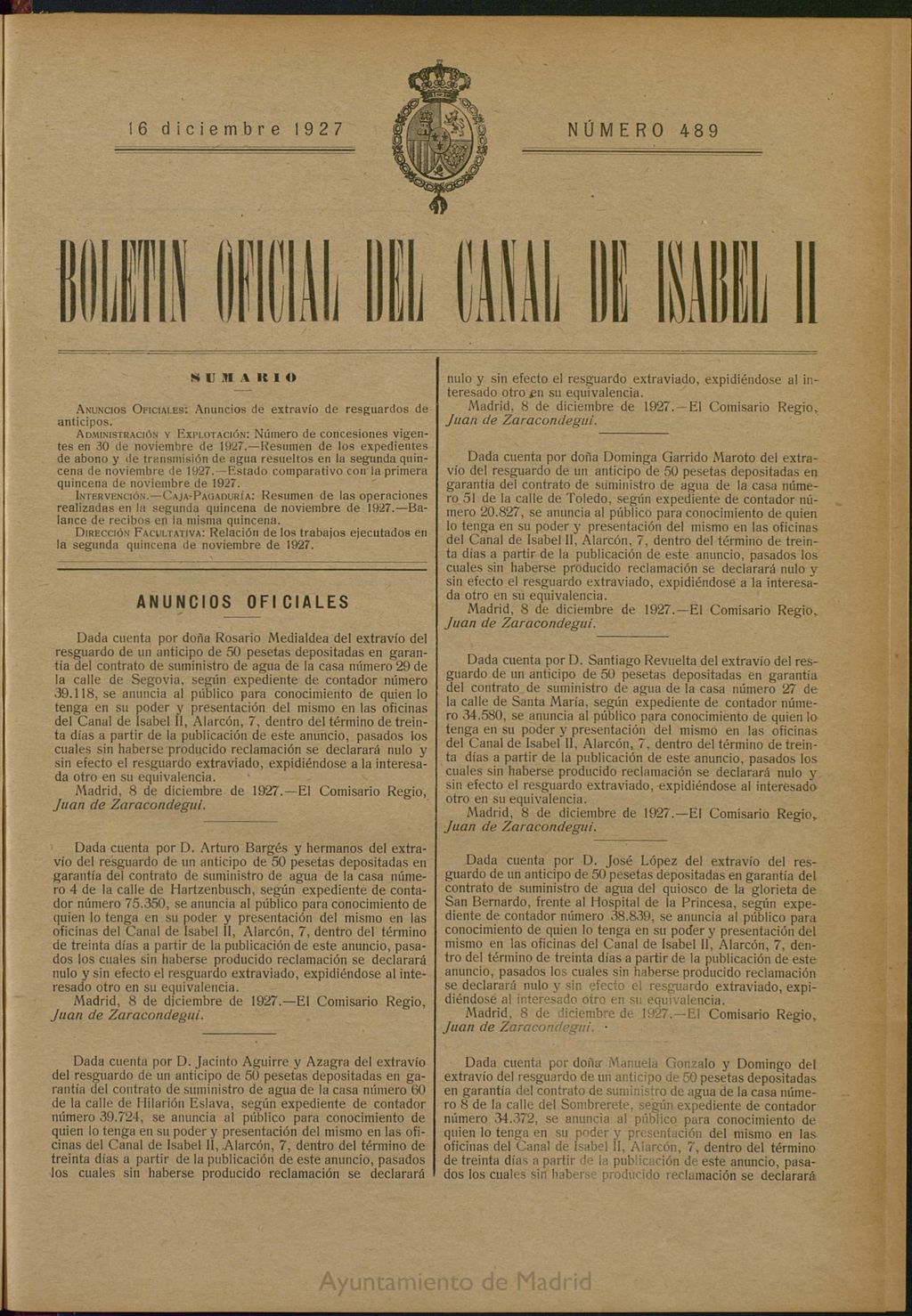 Miniatura de Boletín Oficial del Canal de Isabel II del 16 de diciembre de 1927, nº 489