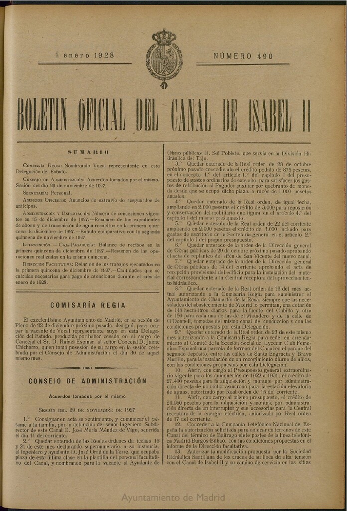 Miniatura de Boletín Oficial del Canal de Isabel II del 1 de enero de 1928, nº 490