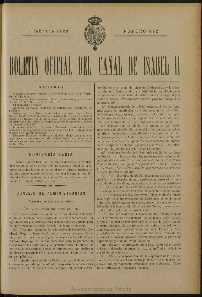 Miniatura de Boletín Oficial del Canal de Isabel II del 1 de febrero de 1928, nº 492