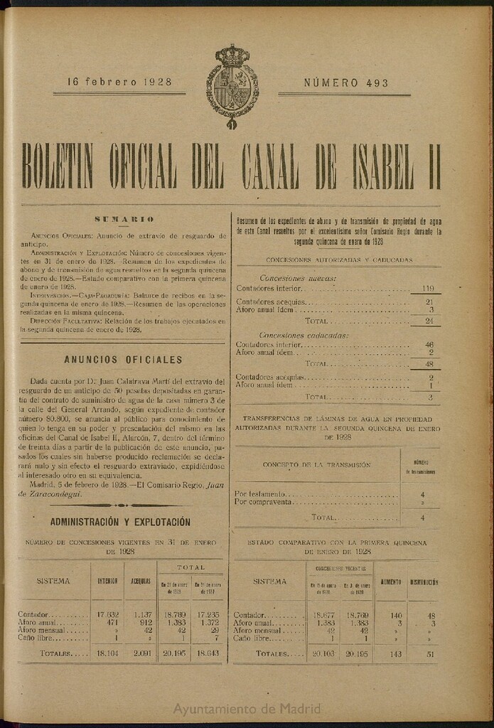 Miniatura de Boletín Oficial del Canal de Isabel II del 16 de febrero de 1928, nº 493