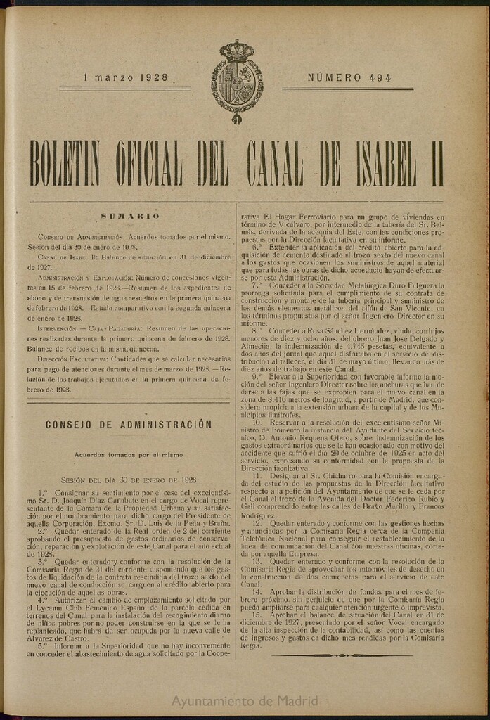 Miniatura de Boletín Oficial del Canal de Isabel II del 1 de marzo de 1928, nº 494