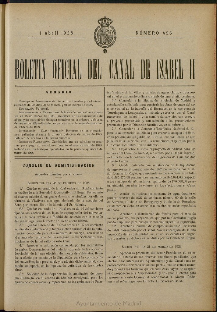 Miniatura de Boletín Oficial del Canal de Isabel II del 1 de abril de 1928, nº 496
