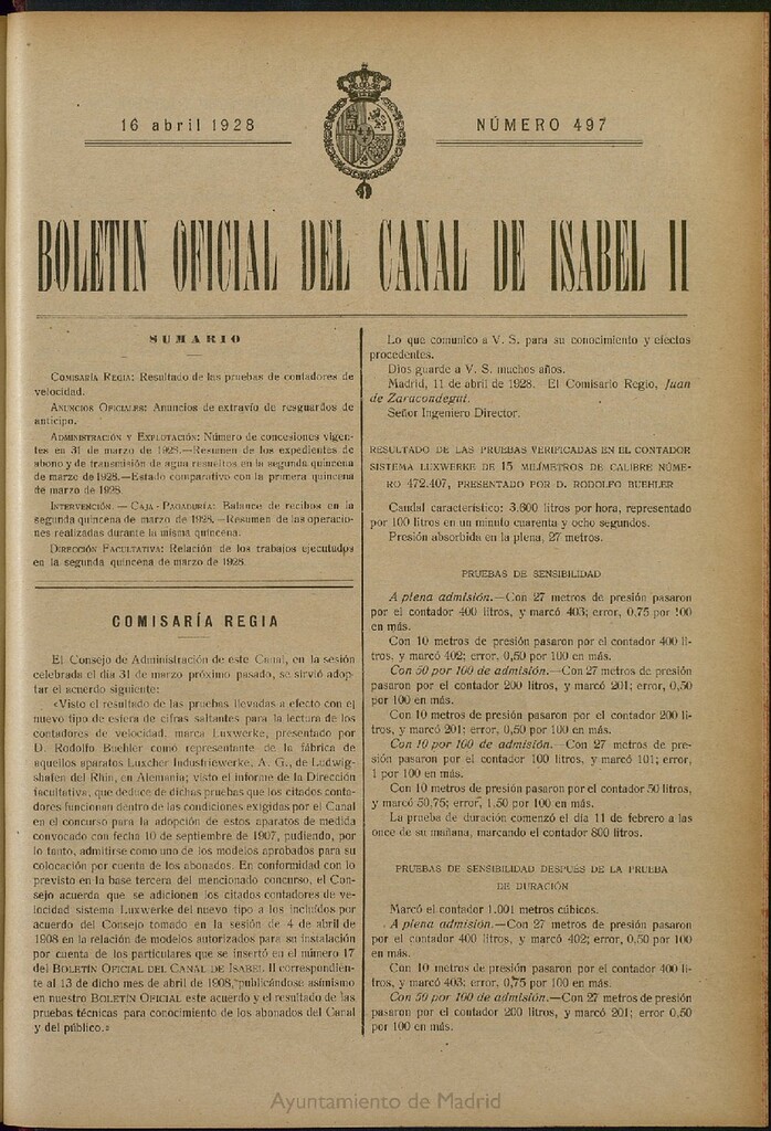 Miniatura de Boletín Oficial del Canal de Isabel II del 16 de abril de 1928, nº 497