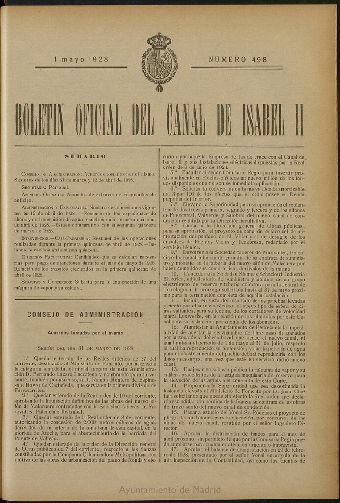 Miniatura de Boletín Oficial del Canal de Isabel II del 1 de mayo de 1928, nº 498