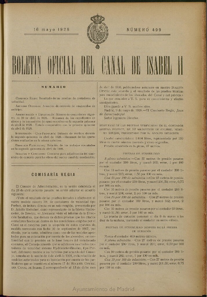 Miniatura de Boletín Oficial del Canal de Isabel II del 16 de mayo de 1928, nº 499