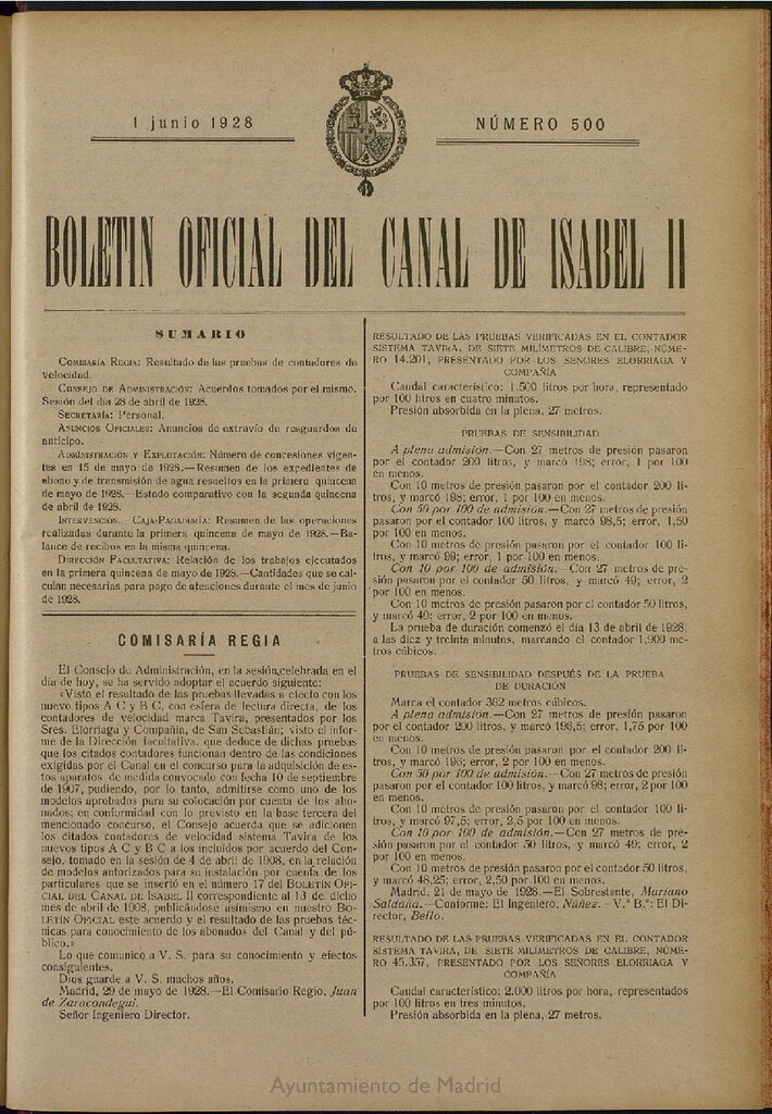 Miniatura de Boletín Oficial del Canal de Isabel II del 1 de junio de 1928, nº 500