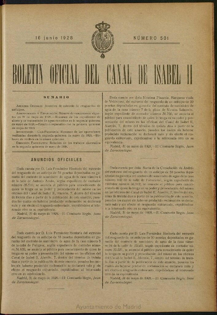 Miniatura de Boletín Oficial del Canal de Isabel II del 16 de junio de 1928, nº 501