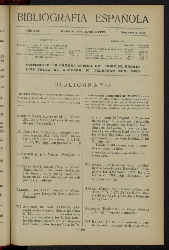 Miniatura de Bibliografía Española de noviembre de 1922