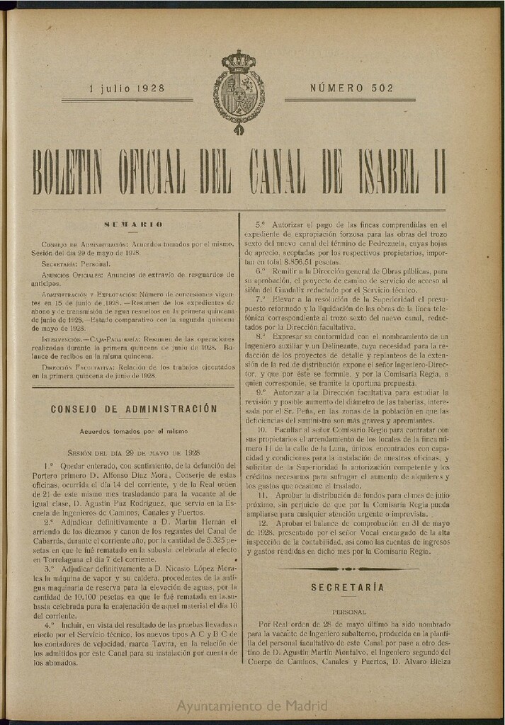 Miniatura de Boletín Oficial del Canal de Isabel II del 1 de julio de 1928, nº 502