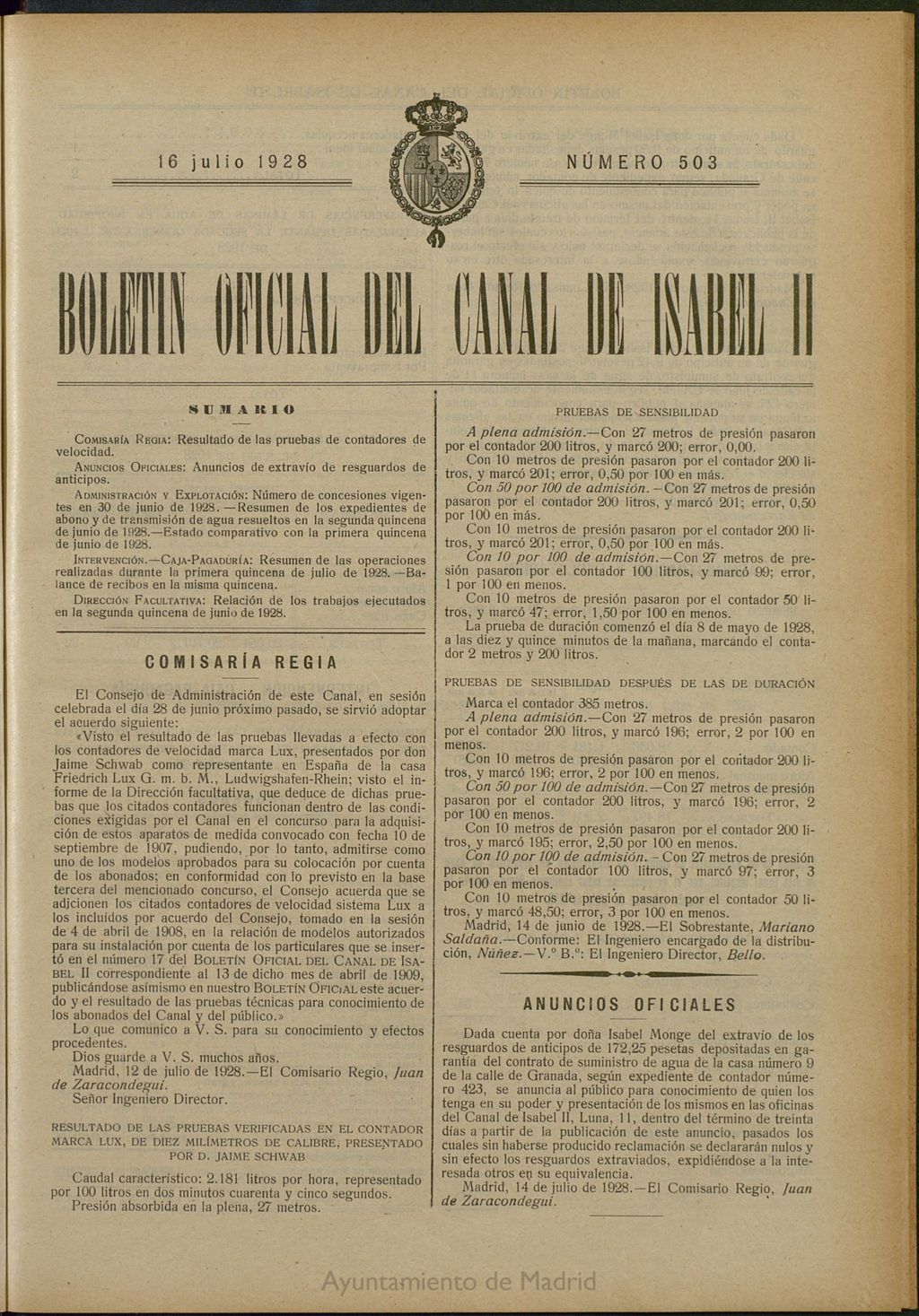 Miniatura de Boletín Oficial del Canal de Isabel II del 16 de julio de 1928, nº 503