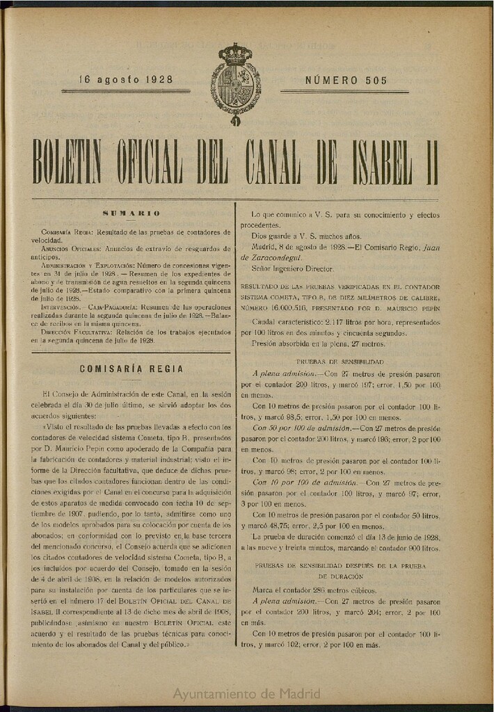 Miniatura de Boletín Oficial del Canal de Isabel II del 16 de agosto de 1928, nº 505