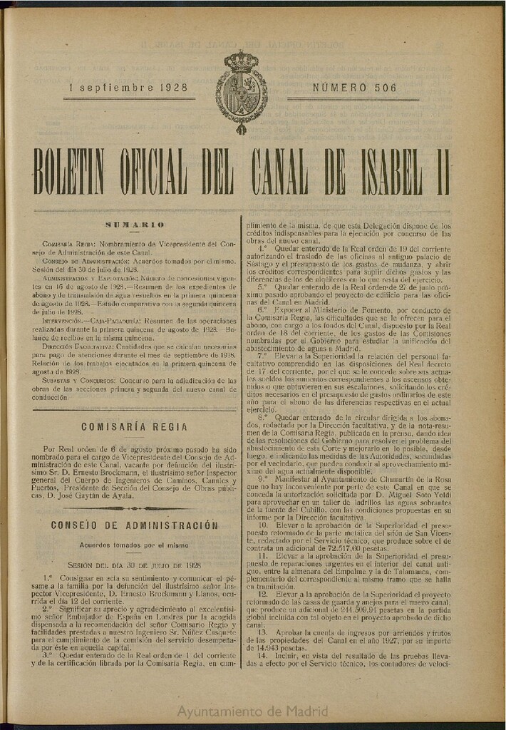 Miniatura de Boletín Oficial del Canal de Isabel II del 1 de septiembre de 1928, nº 506