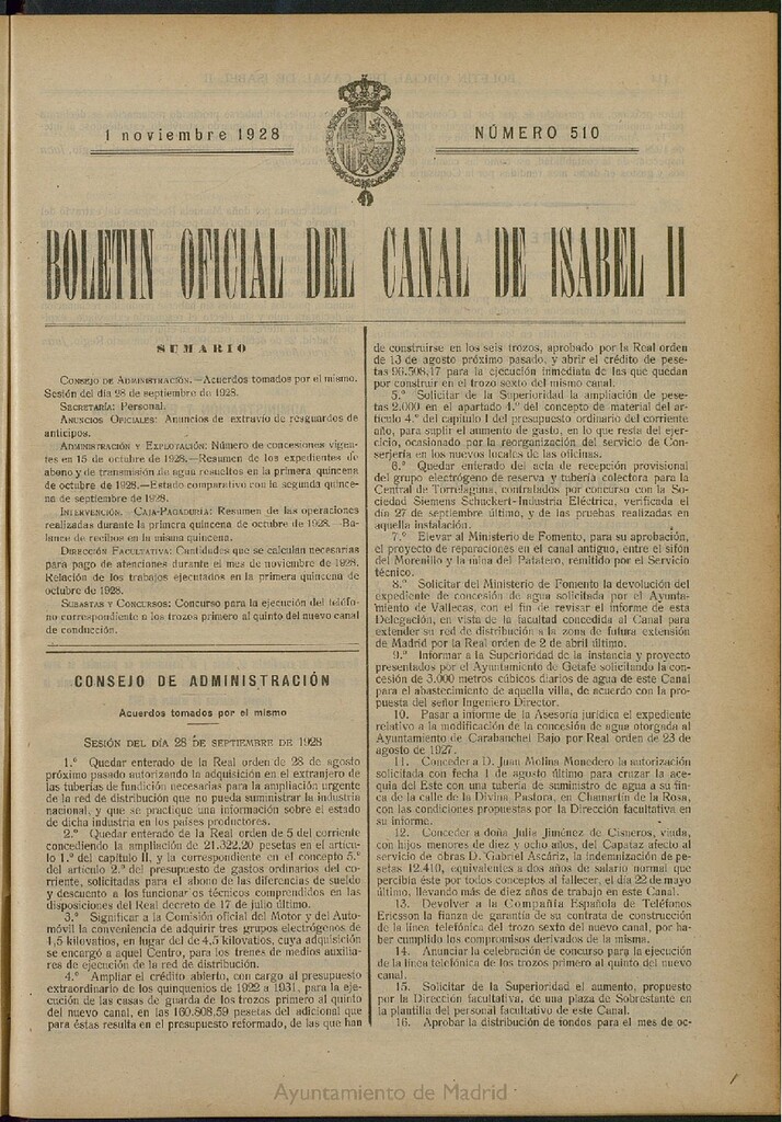 Miniatura de Boletín Oficial del Canal de Isabel II del 1 de noviembre de 1928, nº 510
