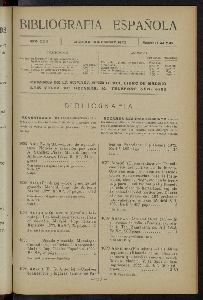 Miniatura de Bibliografía Española de diciembre de 1922