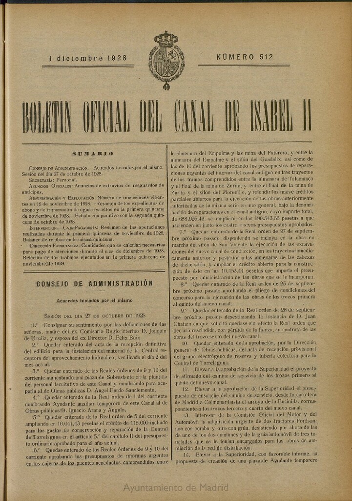 Miniatura de Boletín Oficial del Canal de Isabel II del 1 de diciembre de 1928, nº 512