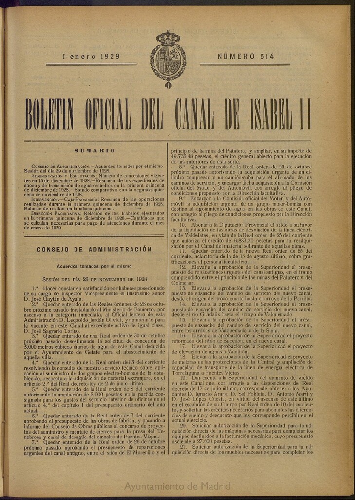 Miniatura de Boletín Oficial del Canal de Isabel II del 1 de enero de 1929, nº 514