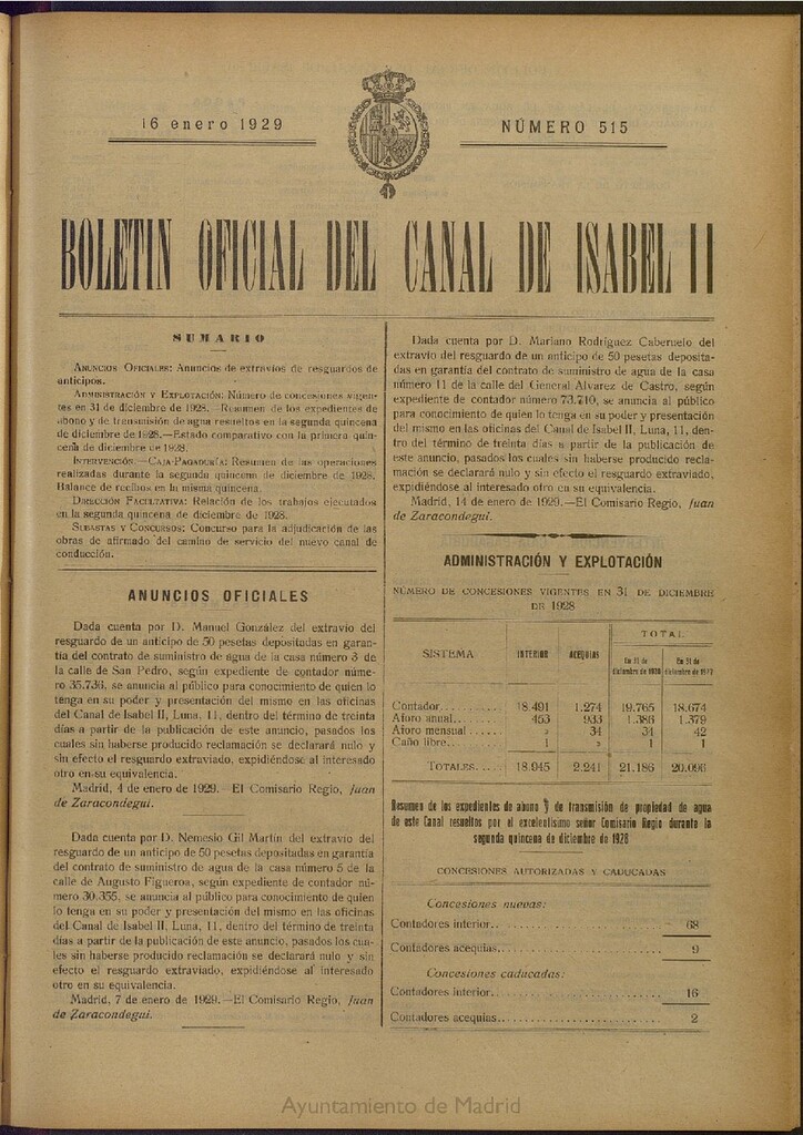 Miniatura de Boletín Oficial del Canal de Isabel II del 16 de enero de 1929, nº 515