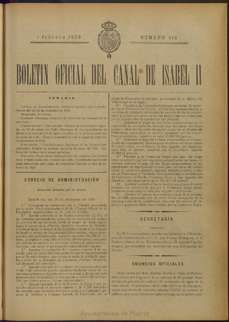Miniatura de Boletín Oficial del Canal de Isabel II del 1 de febrero de 1929, nº 516