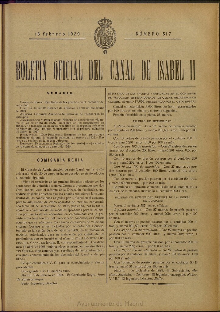 Miniatura de Boletín Oficial del Canal de Isabel II del 16 de febrero de 1929, nº 517