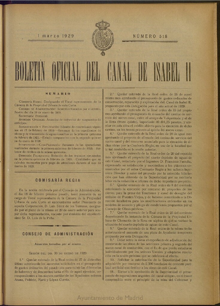 Miniatura de Boletín Oficial del Canal de Isabel II del 1 de marzo de 1929, nº 518