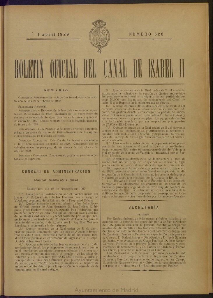Miniatura de Boletín Oficial del Canal de Isabel II del 1 de abril de 1929, nº 520
