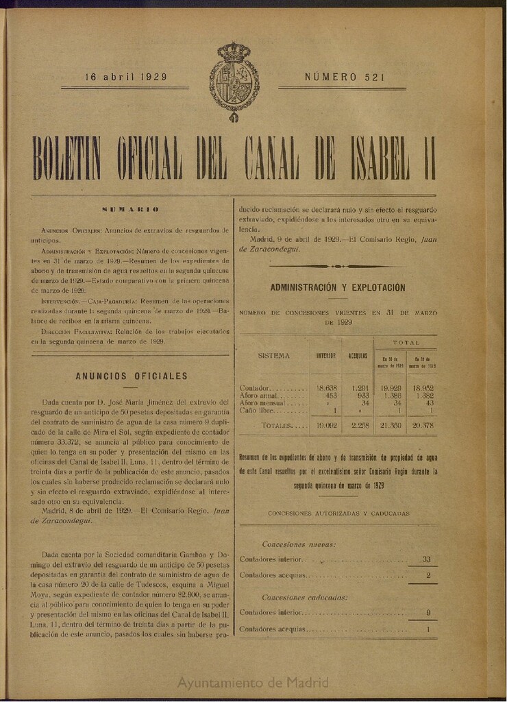 Miniatura de Boletín Oficial del Canal de Isabel II del 16 de abril de 1929, nº 521