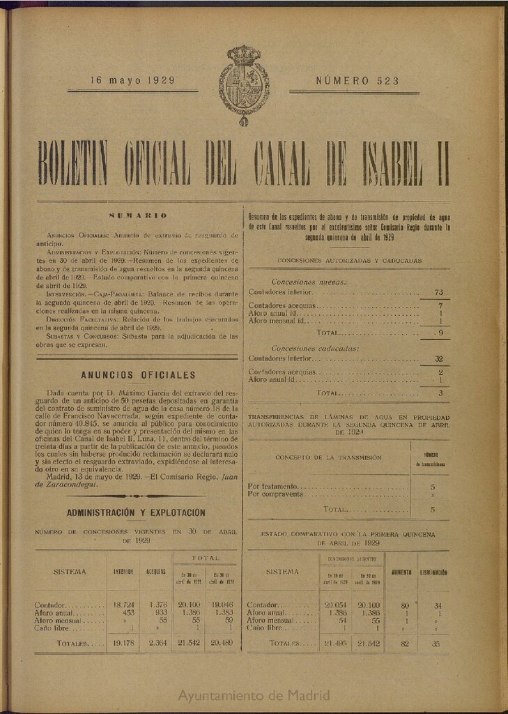 Miniatura de Boletín Oficial del Canal de Isabel II del 16 de mayo de 1929, nº 523